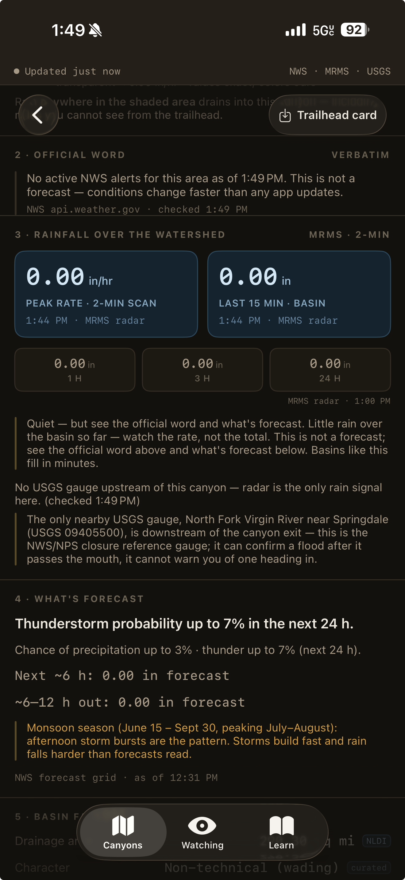 Miles Upstream — verbatim official NWS word and radar rainfall over the watershed